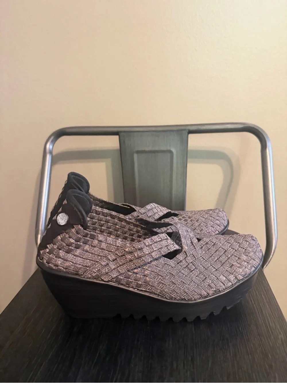 Bernie Mev Pewter Metallic Woven Mary Jane Wedge Shoes Size 38